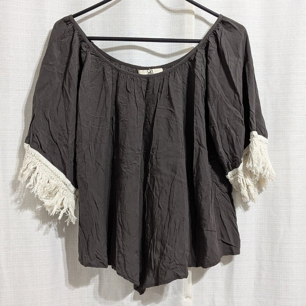 Off Shoulder Women's Boho Top Frayed Sleeves Grey White Small Summer Festival
